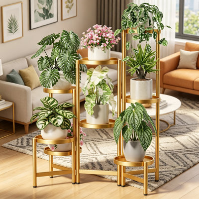 Gold Plant Stand, 8 Tiered Tall Heavy Duty Indoor Plant Stand for Multiple Large Planters, Adjustable Folding Rack with Rustproof 7.9 Inch Wide Trays, Corner Plant Shelf for Balcony