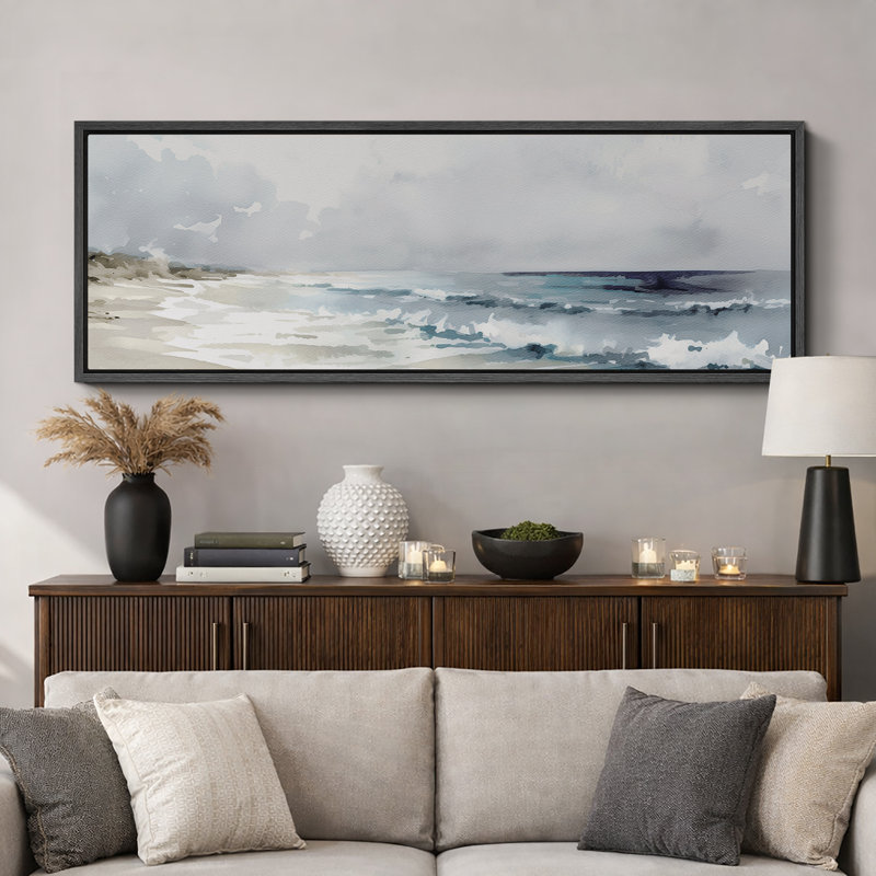 «Coastal Beach Serene Beach Watercolor Coastal Landscape», reproduction d'art sur toile, H 20 po x l 60 po, Noir