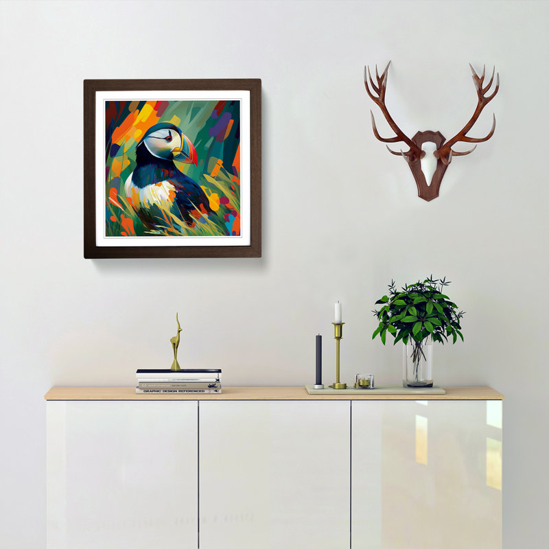 Puffin Fauvism - Single Picture Frame Print on Wood, Walnut