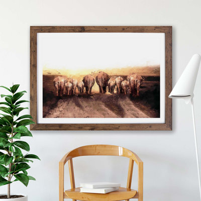 Herd of Elephants on a Dusty Road - Framed Print