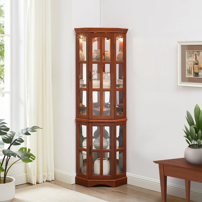 Vitrine de coin lumineuse avec tablettes réglables, Brun clair
