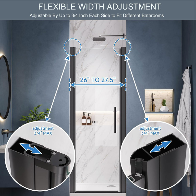 Porte de douche pivotante sans cadre de 26 à 27,5 po x H 68 po avec verre certifié Sgcc, Noir mat
