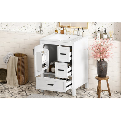 Modern 24-Inch Bathroom Vanity With Ceramic Sink, Soft-Close Door, Double-Layer Door Shelf, And 3 Drawers
