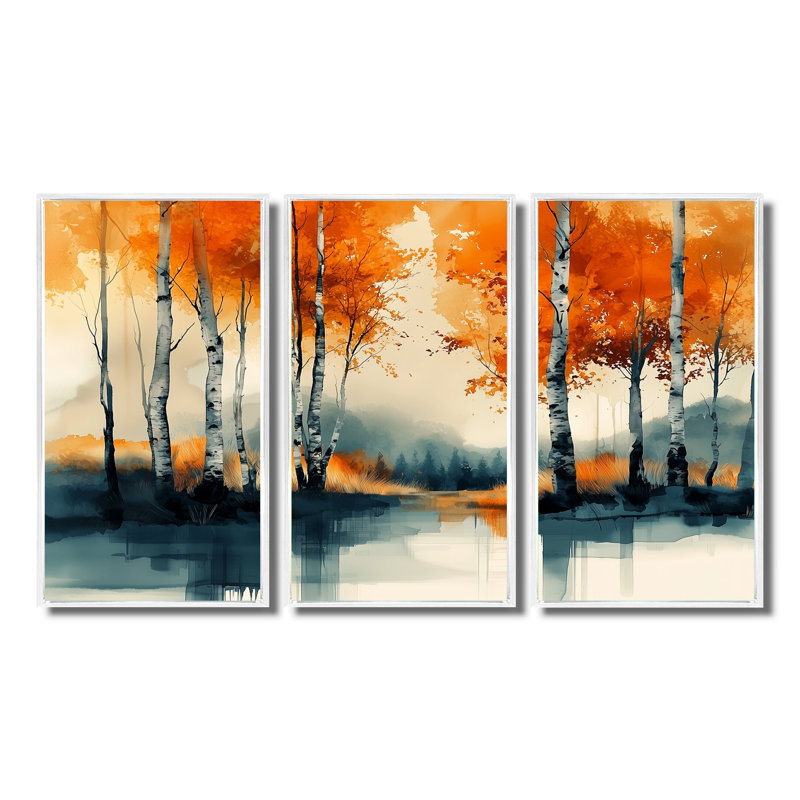 «Autumn Tree In Forest Panorama I», ensemble d'art mural forêt, H 28 po x l 36 po x P 1 po, Toile avec cadre flottant noir