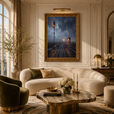 Railroad Tracks And Signal Light In Foggy Evening Canvas Wall Art