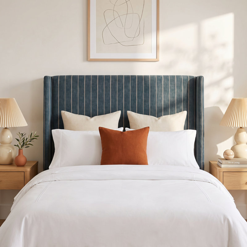 Tilly Upholstered Headboard, Queen, Fritz Indigo Stripe