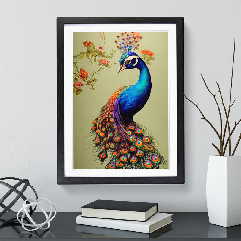 Vintage Peacock No.2 - Single Picture Frame Painting, 64cm H x 46cm W x 2cm D, Black Framed