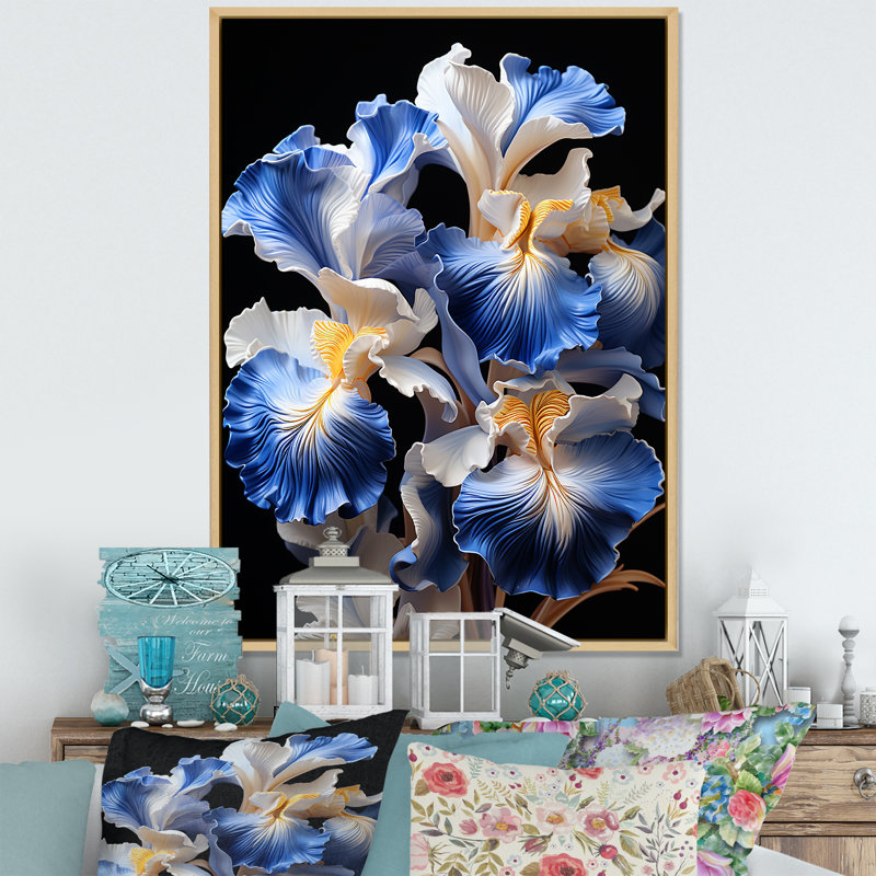 «White and Blue Irises Elegance I», art mural Iris, Cadre flottant brun, H 44 po x l 34 po