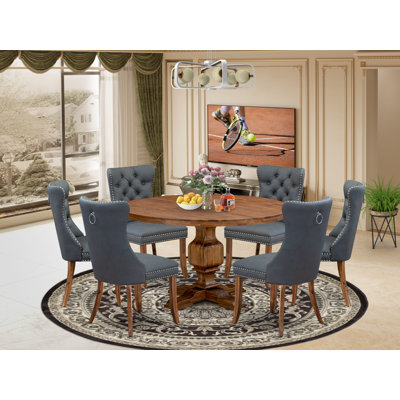 7-piece Mid-century Dining table set consists of a Kitchen Table and 6 Platinum Gray Polyester Fabric Dinner Chairs with Button Tufted Back - Antique Walnut Finish