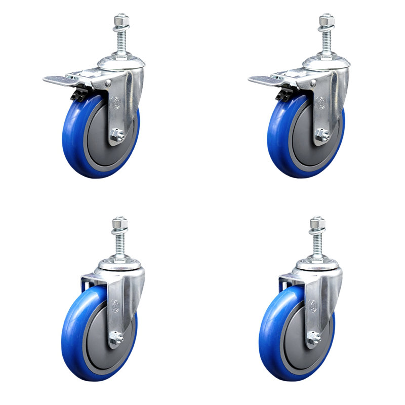 Ensemble de roulettes à tige pivotante en polyuréthane de 5 pouces, 3/8 pouce, 2 freins à verrouillage total SCC, Bleu