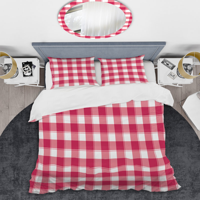 Checked Tartan - Abstract Duvet Cover Set - Microfiber Polyester, Full/Queen Duvet Cover + 2 Standard Shams, Red/White