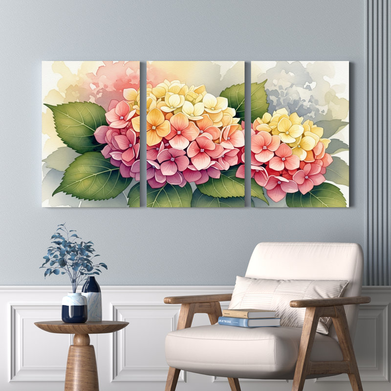 «Hydrangea», impression sur toile tendue à l'aquarelle sur toile, ensemble de 3, H 18 po x l 36 po