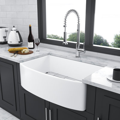 33 Inch White Ceramic Sink - Arch Edge Apron Front Single Bowl Quiet 33" Tidy