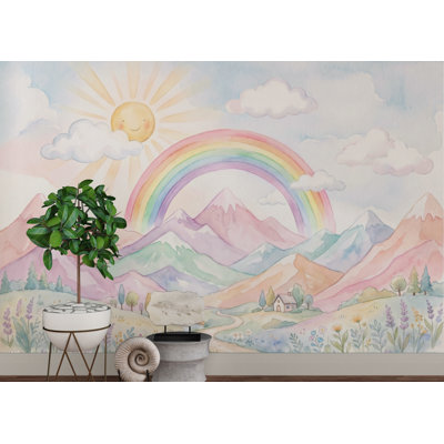 Whimsical Watercolor Pastel Mountain Landscape with Smiling Sun, Rainbow, Clouds, Winding River, and Wildflowers Wall Mural Wallpaper for Nursery Kids Room 1165DRS