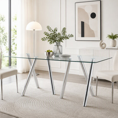 Rectangular Tempered Glass Dining Table with Electroplated Legs