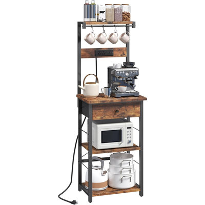 4-Tier Baker’S Rack With Drawer And Power Outlet, Microwave Stand Coffee Bar Station With Hooks And Storage Shelves For Kitchen Or Dining Room – Rustic Brown And Black