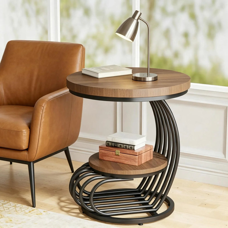 Table ronde avec tablette de rangement ouverte, table d'appoint épaisse à structure en métal et panneau de particules, table de chevet multifonctionnelle pour le salon, la chambre et le salon