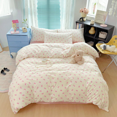 Cartoon Pink Or Blue Bowknot Pattern On White Comforter Set Boys Girls Teens Gentle Soft Home Cozy And Breathable Bedding Set