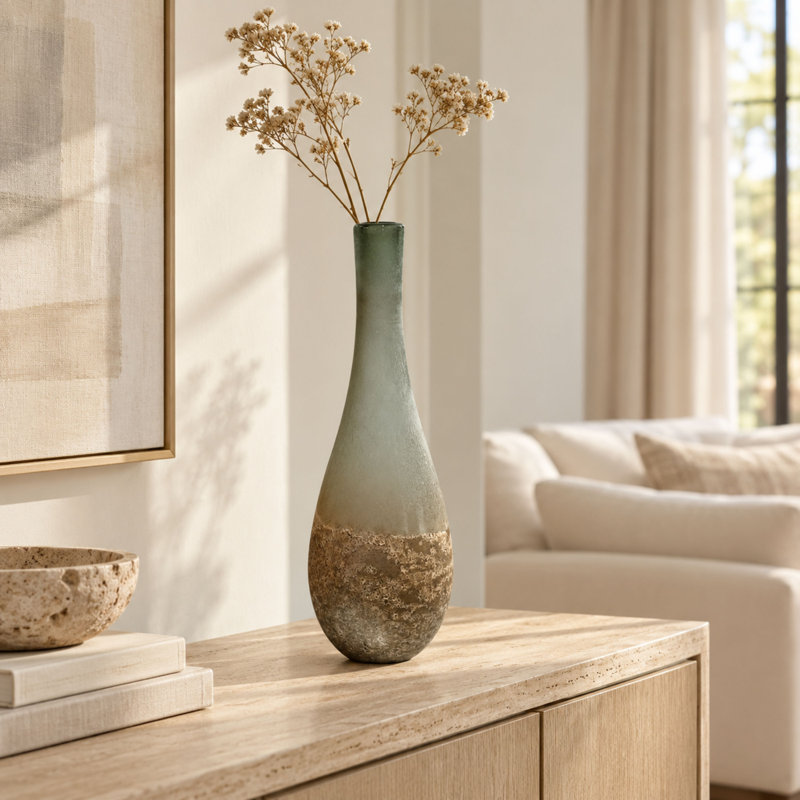 Grand vase de plancher décoratif en verre art 21 pouces avec finition texturée ivoire et gris