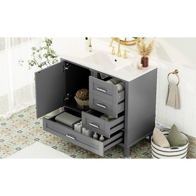 Meuble-lavabo de 36 po gris - pin massif, lavabo en céramique, 3 tiroirs, porte à fermeture en douceur pour un élégant décor de salle de bain avec cadre en pin