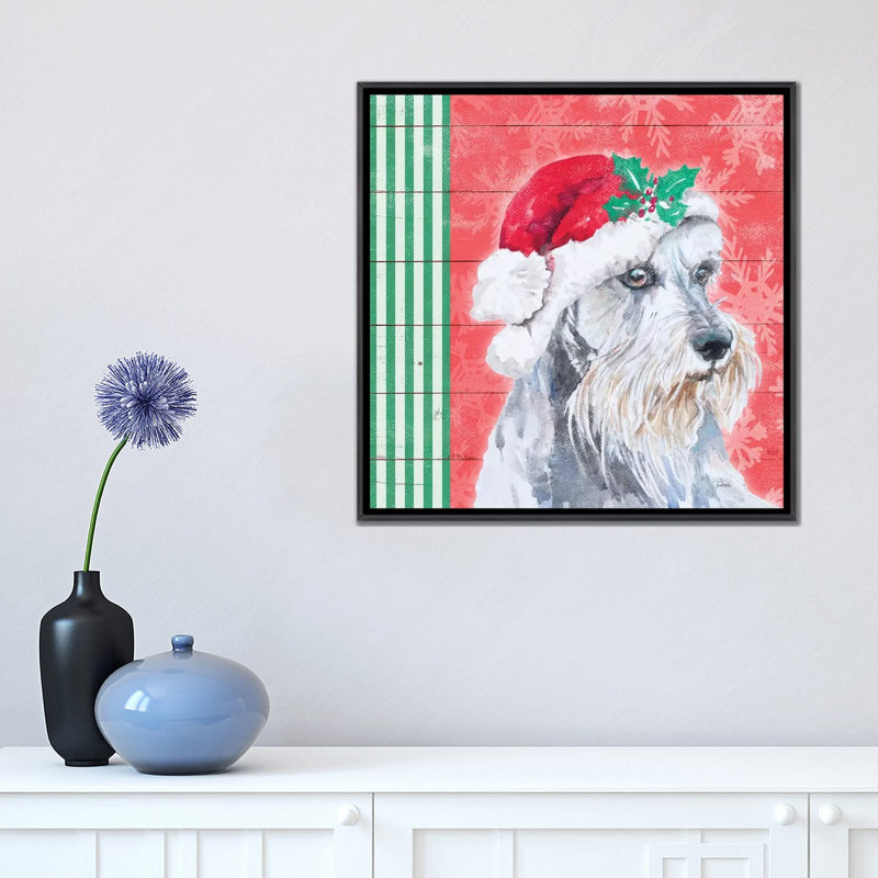 "Holiday Puppy V" par Patricia Pinto, reproduction d’art, H 18 po x l 18 po x 1,5 po, Toile avec cadre noir patiné