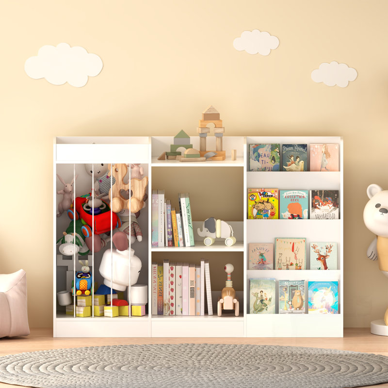 Organisateur de bibliothèque et de jouets pour enfants à 3 niveaux, conception en toile pour un accès facile, idéal pour la chambre de bébé et la salle de jeux, compatible Montessori, blanc