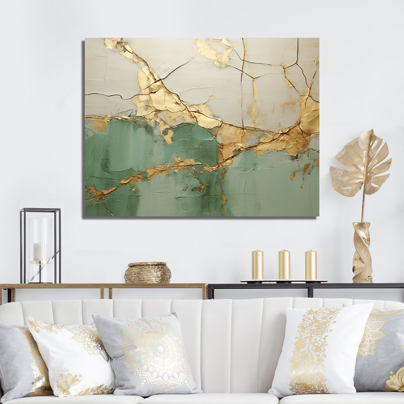 «Green Gold Minimalisme Poteries - Abstract Spirals», art mural, Toile tendue, H 24 po x l 32 po, Sans cadre