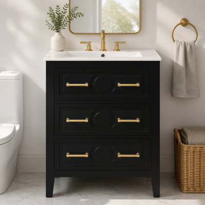 Ensemble de meuble-lavabo sur pied 24 po avec lavabo en céramique, ensemble de meuble-lavabo simple autoportant avec 3 tiroirs et cadre en bois massif