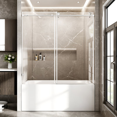 Osinslid 56-60" x 60" Fully Frameless Sliding Bathtub Door  , 5/16" Tempered Glass with Explosion-proof Film Chrome