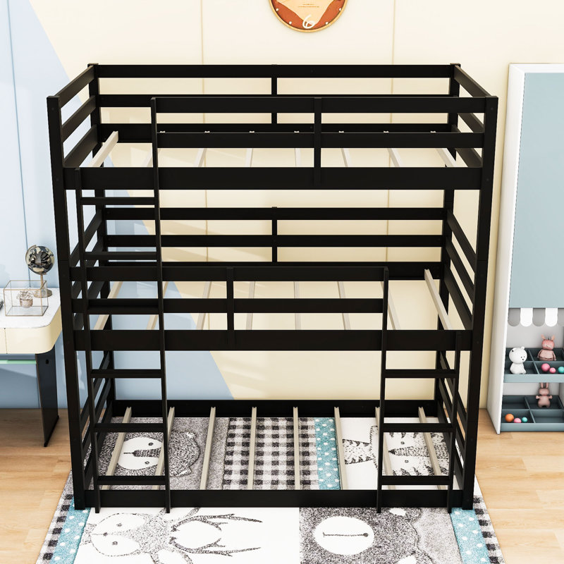 Kamaura Twin Over Twin Over Twin Bunk Bed With Safety Guardrails, Black
