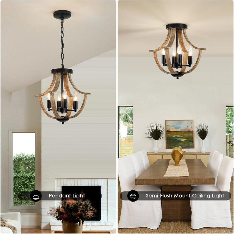 Black and Faux Wood Empire Chandelier with Adjustable Chain