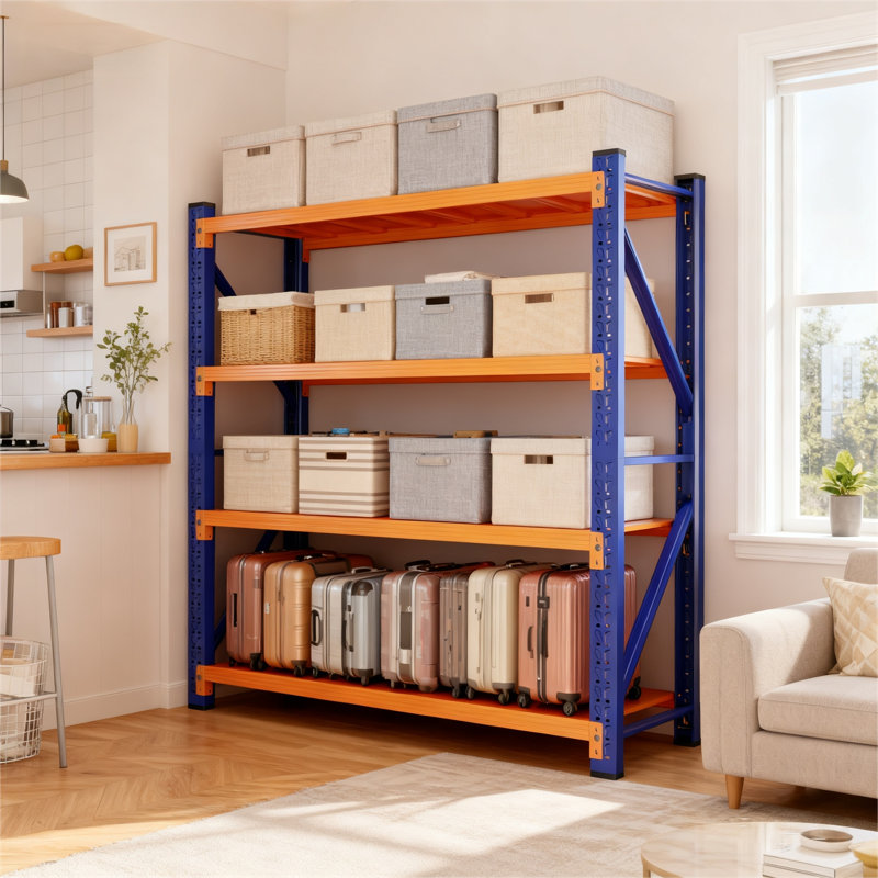 Étagères de rangement à 4 niveaux, étagère de garage robuste de 79 po, système de tablettes en métal industriel réglable, capacité de 4 000 lb, organisateur pour outils de garage, atelier, l 48 po x P 20 po x H 79 po, bleu et orange