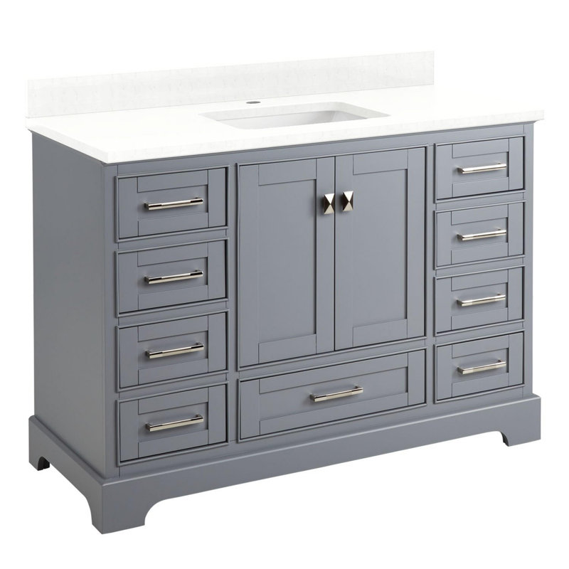 Quen 48" Freestanding Single Basin Vanity Set with Cabinet, Vanity Top, Feathered White Quartz, Single-Hole, Gray
