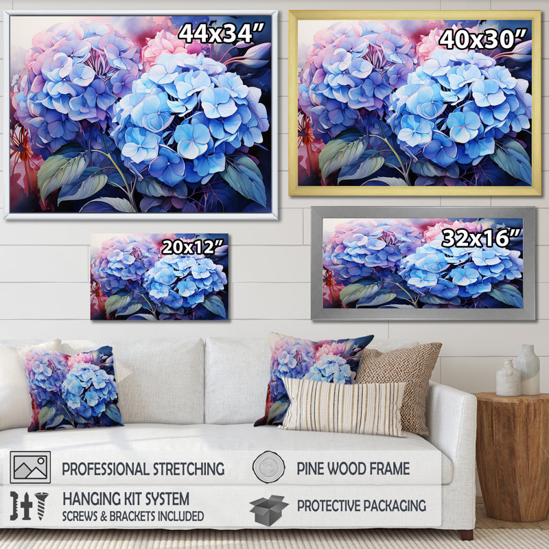 Hydrangées en fleurs mauves II sur toile, H 12 po x l 20 po x P 1 po, Cadre flottant blanc