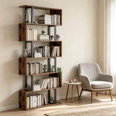 6 Tier S-Shaped Geometric Bookcase, Modern Freestanding Display Shelves with Wood and Metal Construction, Tall Storage Shelf Unit for Living Room, Bedroom, Office