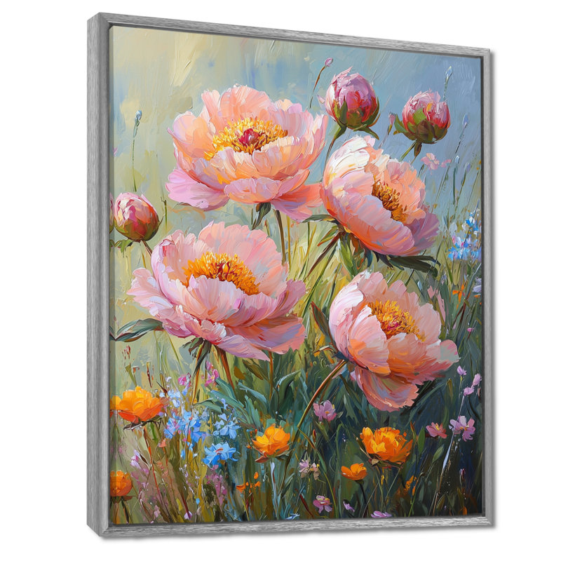 John Pivoines dans le champ de fleurs sauvages III - pivoines, art mural encadré, H 40 po x l 30 po, Argent argent
