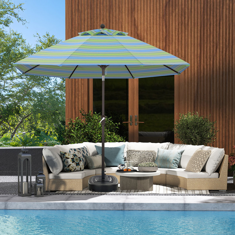 Parasol de patio en oléfine 9 pi 9 pi, Bleu / vert / jaune rayé