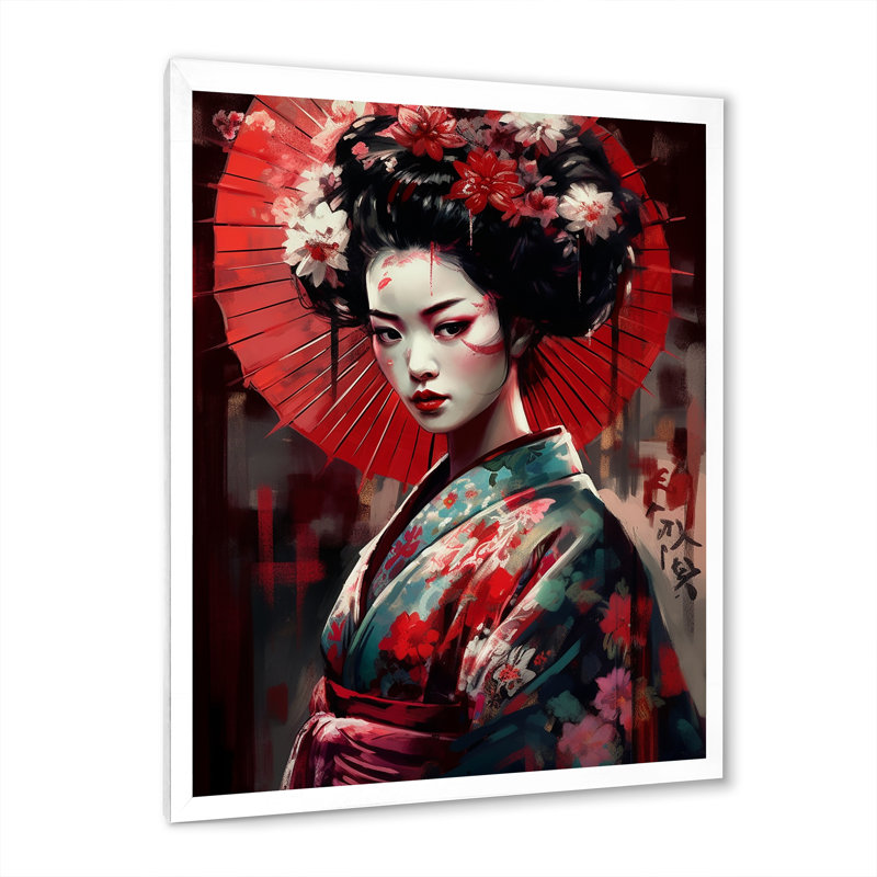 Geisha japonaise élégante en noir et rouge - Imprimé, H 32 po x l 24 po x P 1 po, Cadre photo blanc
