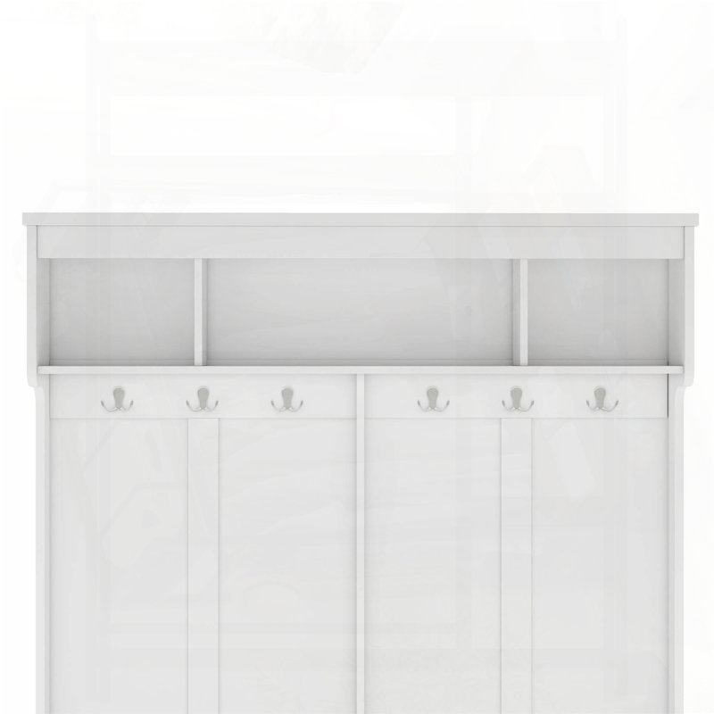 Modern Hallway Hall Tree with Metal Hooks and Shoe Cubbies (White), White