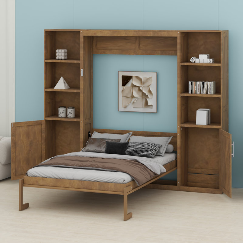 Lit escamotable en bois avec tablettes et armoires de rangement