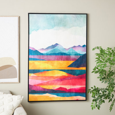 Cole et toile grise, montagnes et vue sur le lac, art mural encadré noir