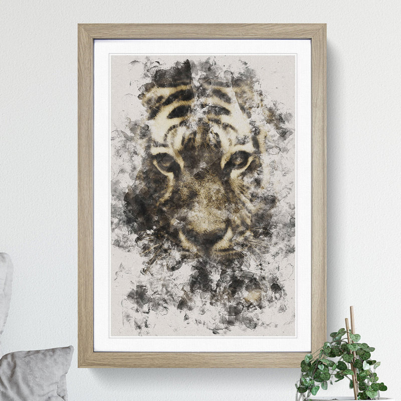 Tiger Vol.5 Watercolour - Picture Frame Graphic Art, Oak, 90cm H x 65cm W x 2cm D