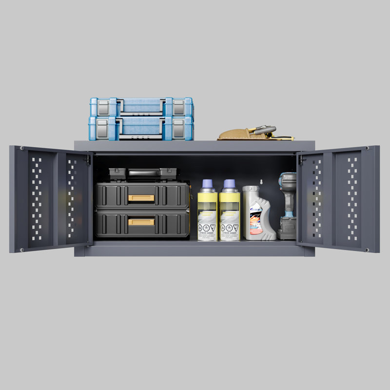 Armoire de rangement murale en métal gris pour sous-sols et cuisines, H 11,63 po, l 30,98 po, fonctionnement par charnières précises, tablettes amovibles, plan sur mesure, en hauteur, large, avec tablettes de porte, idéale