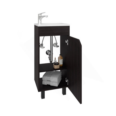 Armoire à une porte Bethel, meuble-lavabo autoportant avec lavabo en résine et deux tablettes, rangement pour salle de bain