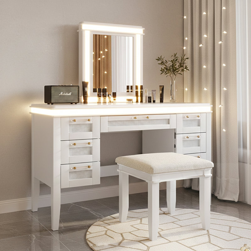 Bureau de coiffeuse 7 tiroirs avec miroir, lumières et tabouret, Blanc