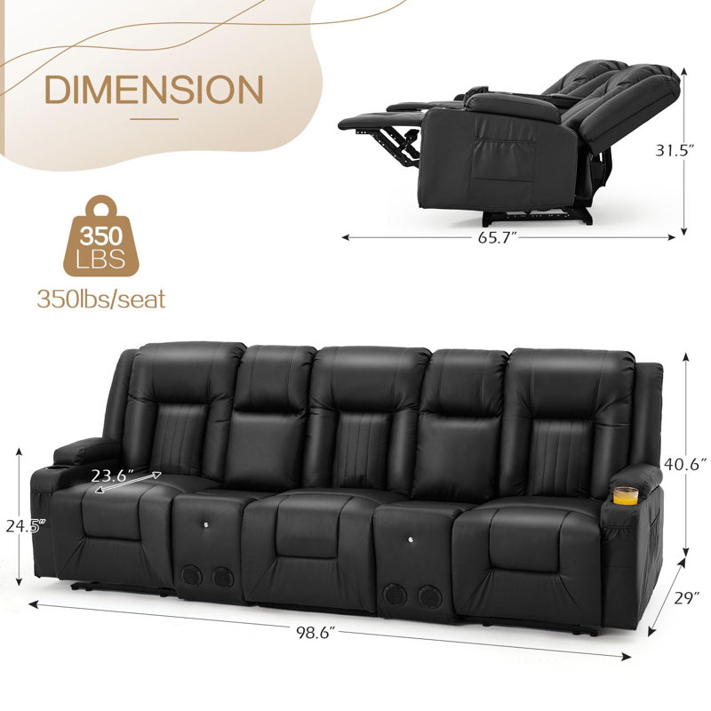 Canapé inclinable avec console et haut-parleurs Bluetooth, canapé inclinable manuel, Noir, noir, noir, noir