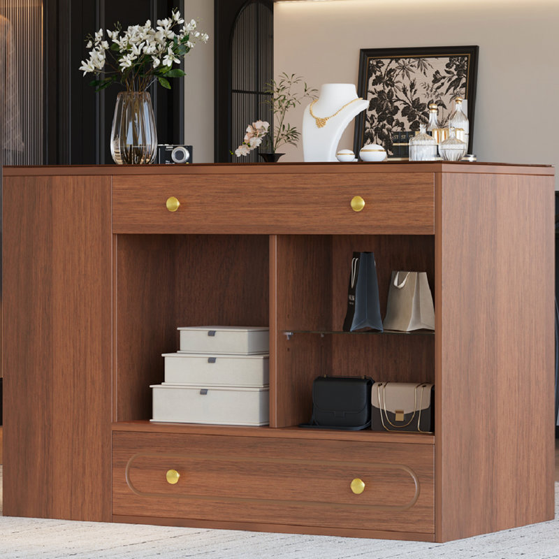 Îlot de garde-robe avec 6 tiroirs, îlot de garde-robe pour armoire avec plateau en verre et tablettes ouvertes, îlot de rangement pour bijoux avec compartiments, îlot de rangement