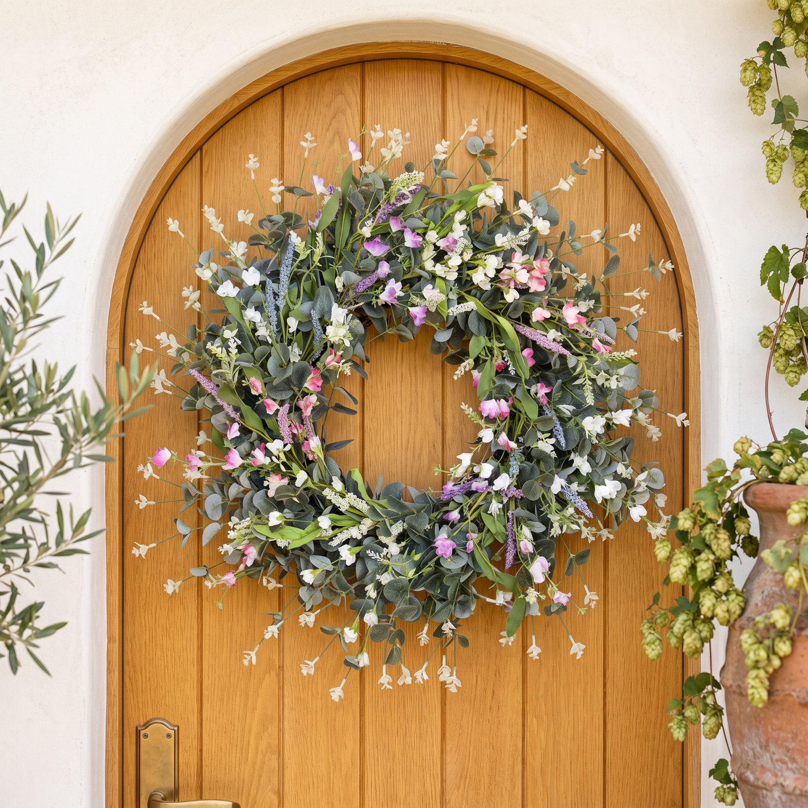 26" Artificial Farmhouse Spring Summer Lavender Berry Blossom Cluster Eucalyptus Wildflower Wreath For Front Door