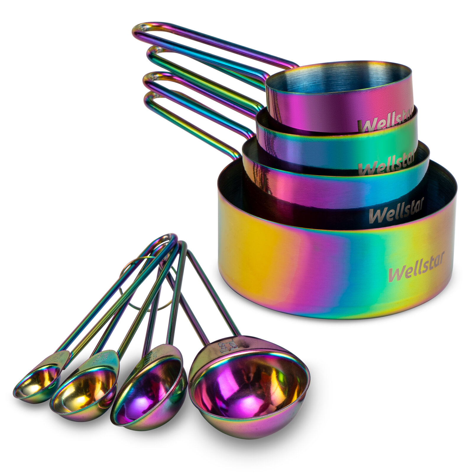 Rainbow Measuring Cups and Spoons Set, Stainless Steel 10 Piece Set,  Stackable 5 Measuring Cups and 5 Measuring Spoons with 2 Rings, Titanium  Colorful