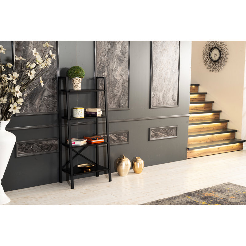 Organisateur de bibliothèque moderne à 5 niveaux - structure en métal noir pour petits espaces dans le salon et le bureau, bois massif, largeur 23,05 po x 52,18 po, profondeur 13,37 po, espace de bureau pour bibliothèque 9,88 lb, 52 po 23 po x P 13 po,
